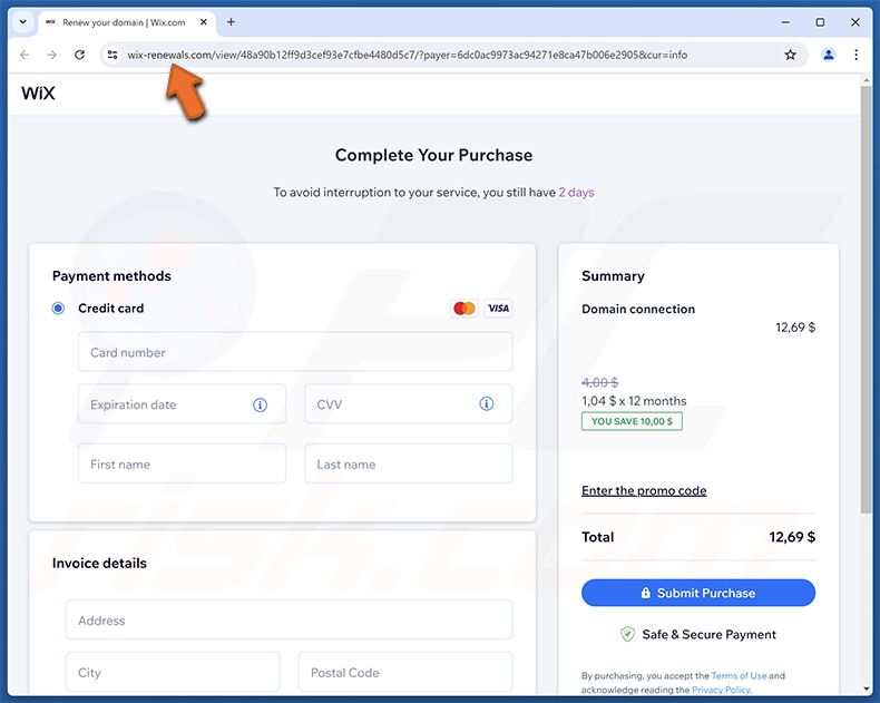Wix Subscription Expiration oszustwo e-mailowe promujące stronę phishingową
