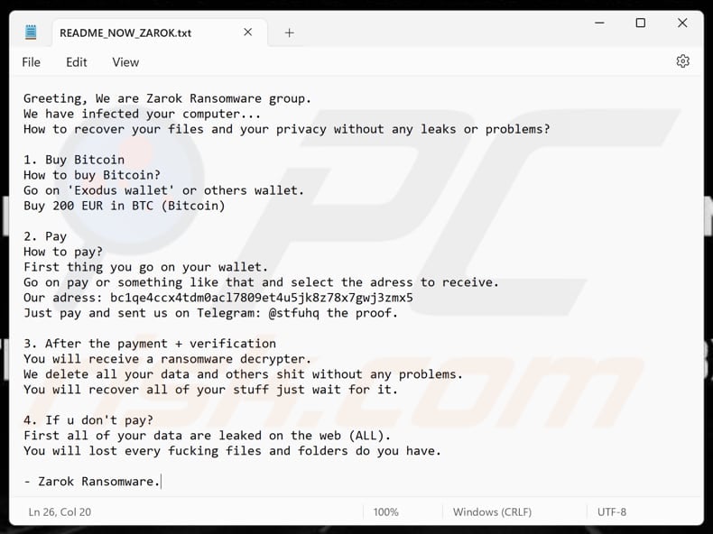 Zarok ransomware plik tekstowy (README_NOW_ZAROK.txt)