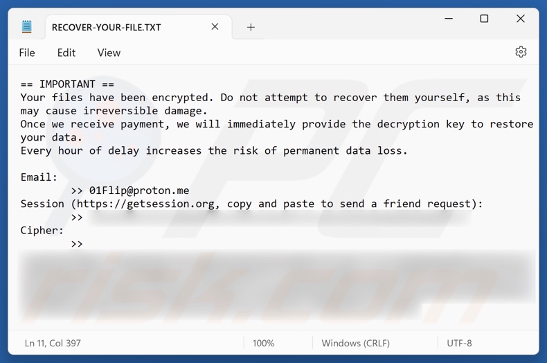 01Flip ransomware żądanie okupu (RECOVER-YOUR-FILE.TXT)
