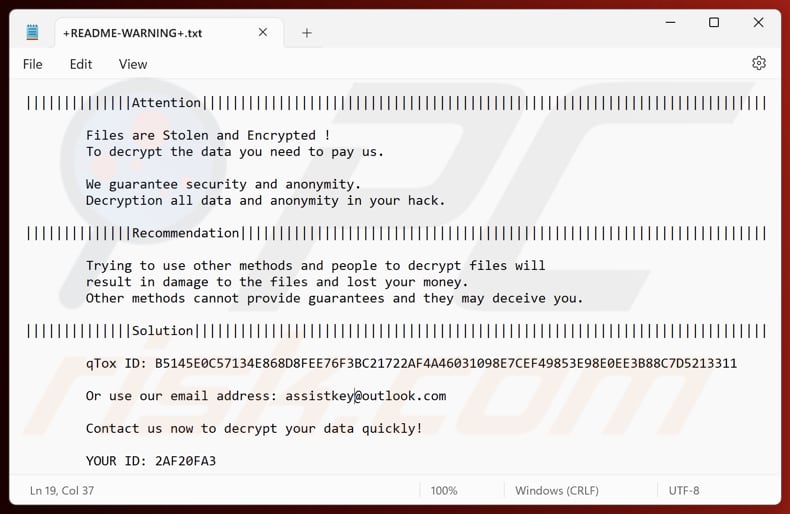 Plik tekstowy oprogramowania ransomware typu Asyl (+README-WARNING+.txt)