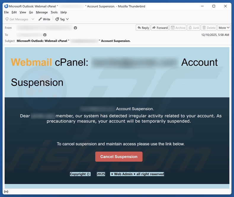 cPanel Account Suspension kampania spamowa