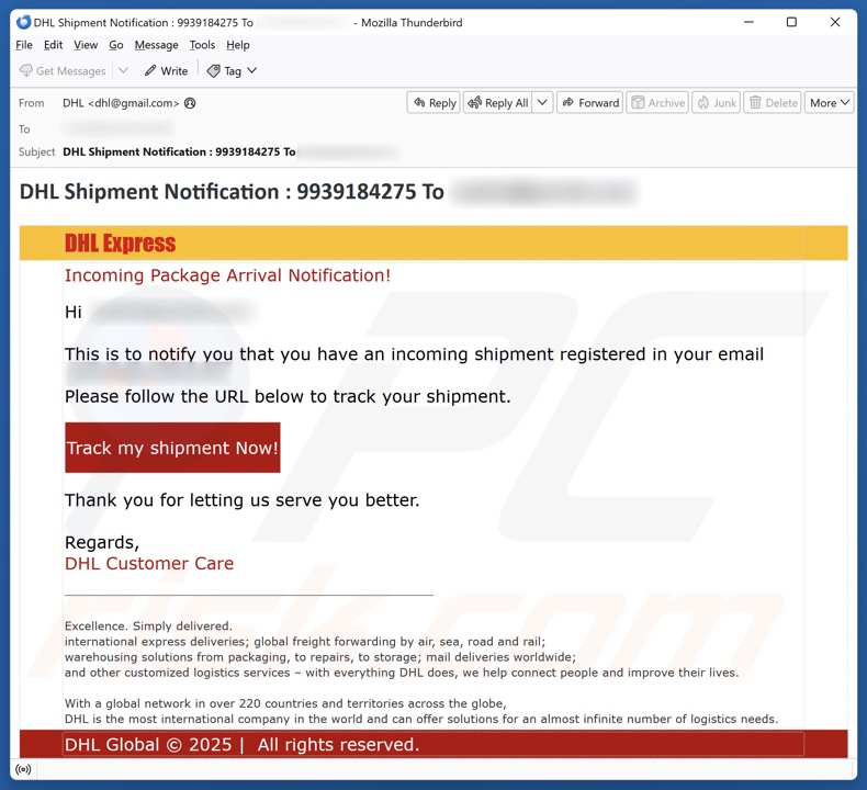 DHL Express - Incoming Package Arrival Notification kampania spamowa