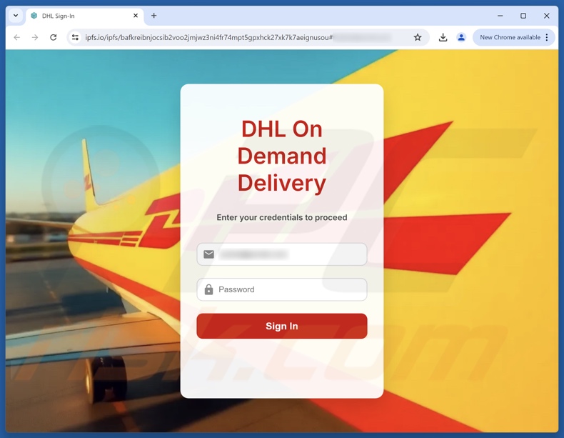 DHL Express - Incoming Package Arrival Notification oszustwo e-mailowe promujące stronę phishingową