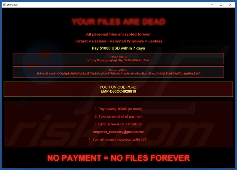 Emperor ransomware żądanie okupu (pop-up)