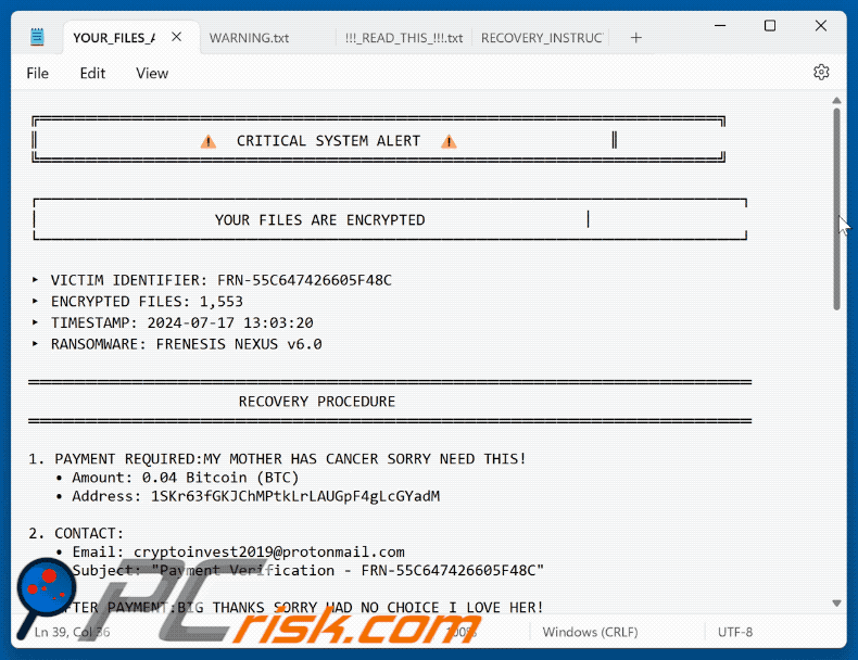 Frenesis Nexus Ransomware żądanie okupu (YOUR_FILES_ARE_ENCRYPTED.txt)