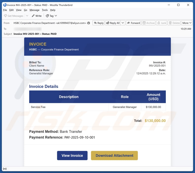 HSBC - Invoice Details kampania spamowa