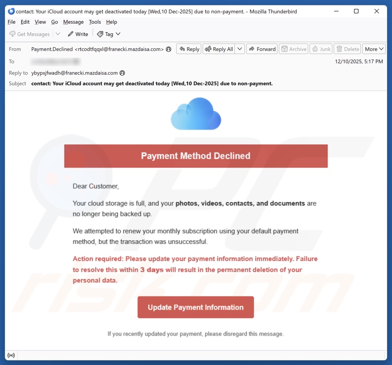 iCloud Payment Method Declined kampania spamowa