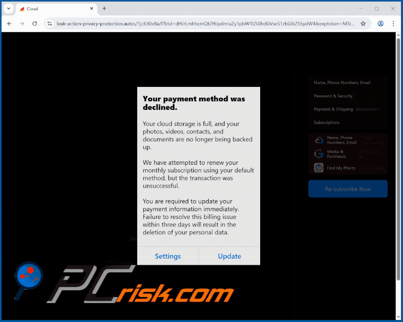 iCloud Payment Method Declined oszustwo e-mailowe promujące wygląd strony internetowej (GIF)