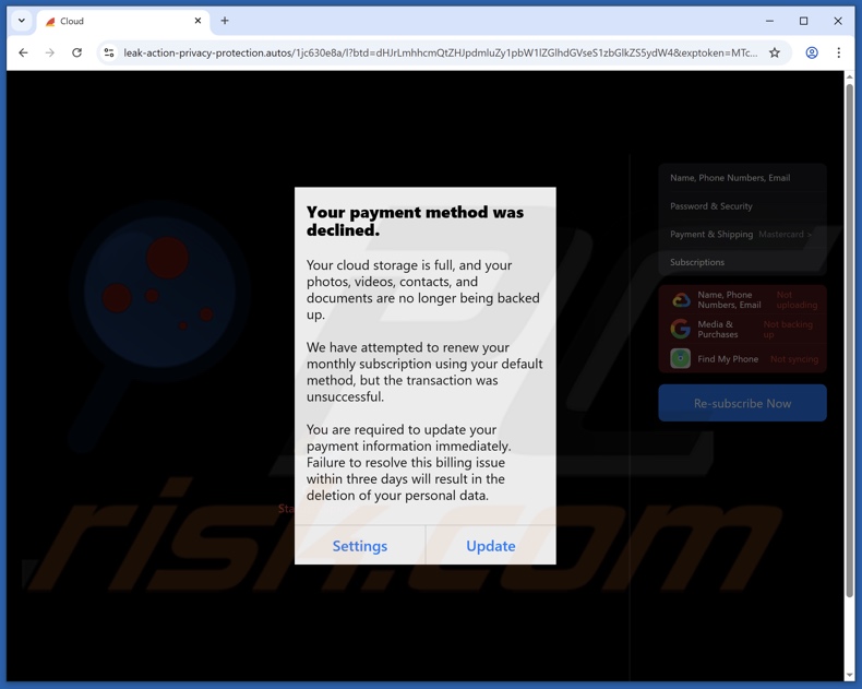 iCloud Payment Method Declined oszustwo e-mailowe promujące stronę phishingową