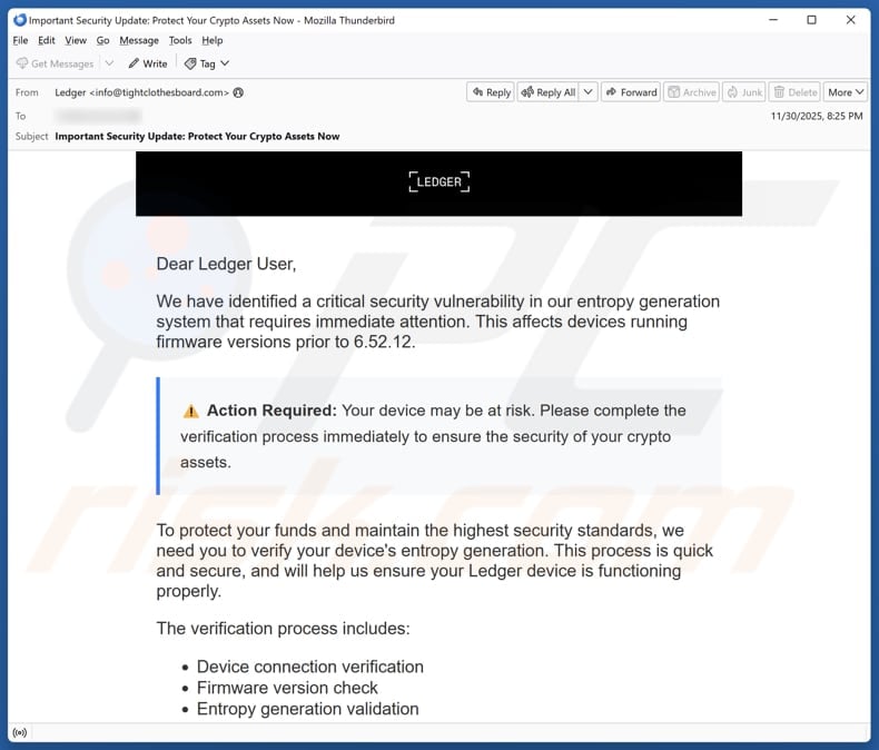 Ledger - Critical Security Vulnerability kampania spamowa