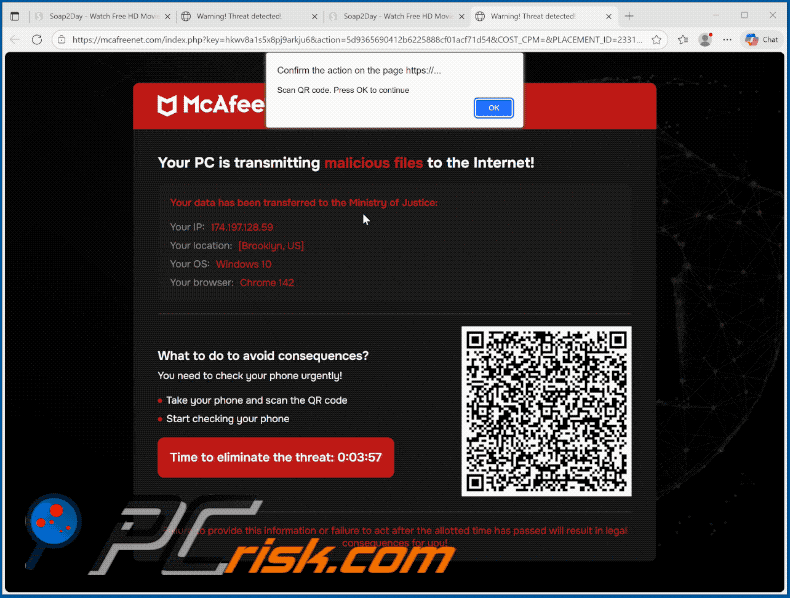Wygląd McAfee - Your PC Is Transmitting Malicious Files oszustwo