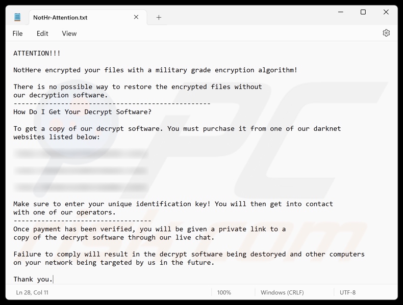 NotHere ransomware żądanie okupu (NotHr-Attention.txt)