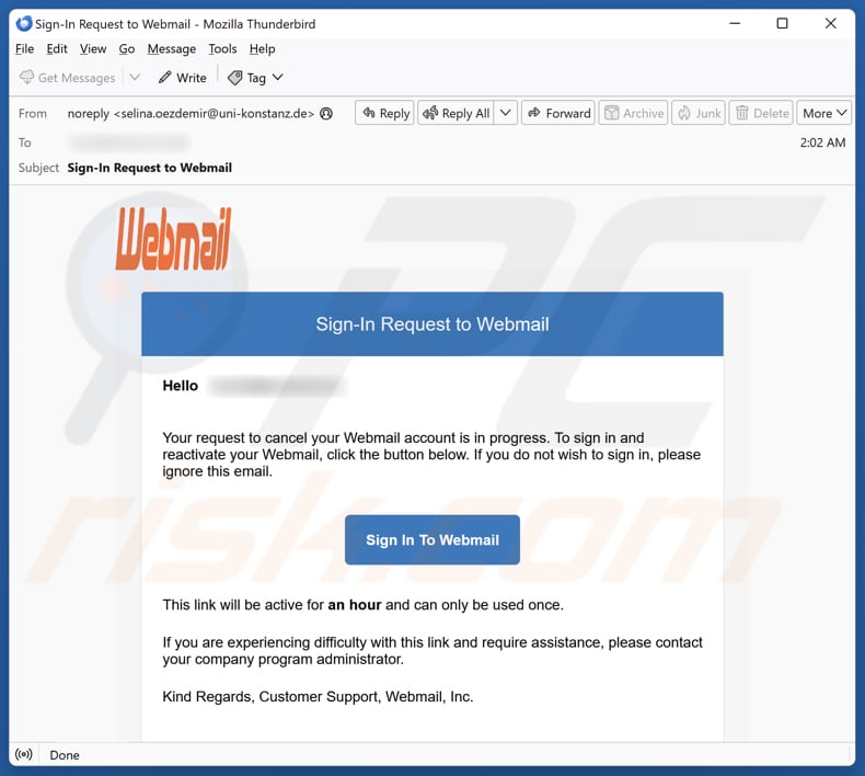 Request To Cancel Your Webmail Account kampania spamowa