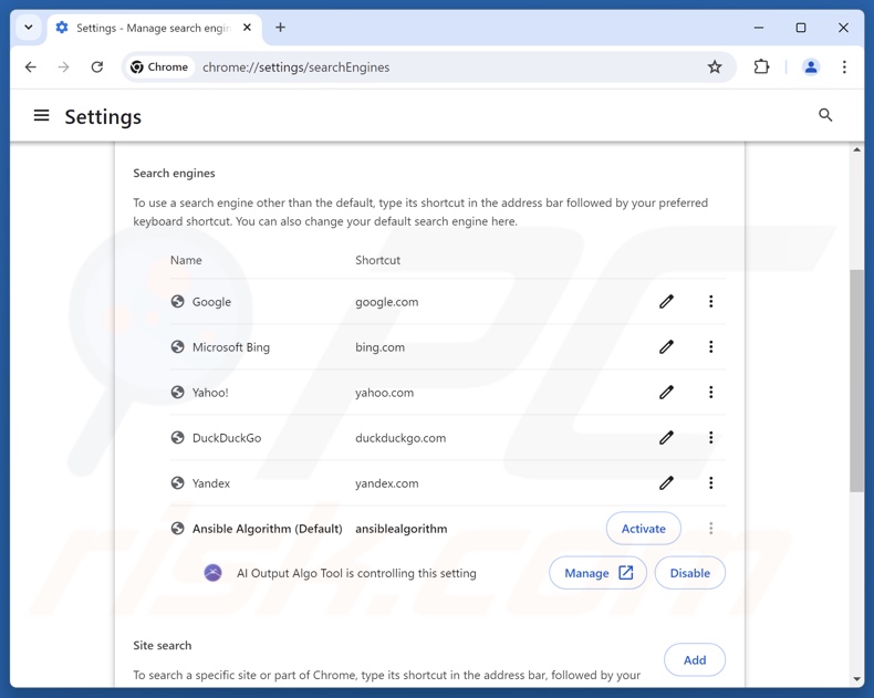 Usuwanie search.ansiblealgorithm.com z domyślnej wyszukiwarki Google Chrome