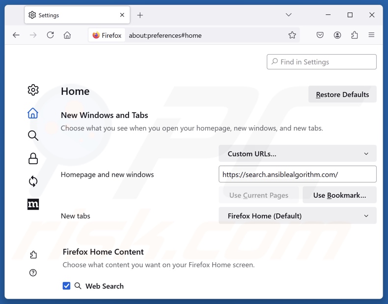 Usuwanie search.ansiblealgorithm.com ze strony głównej przeglądarki Mozilla Firefox