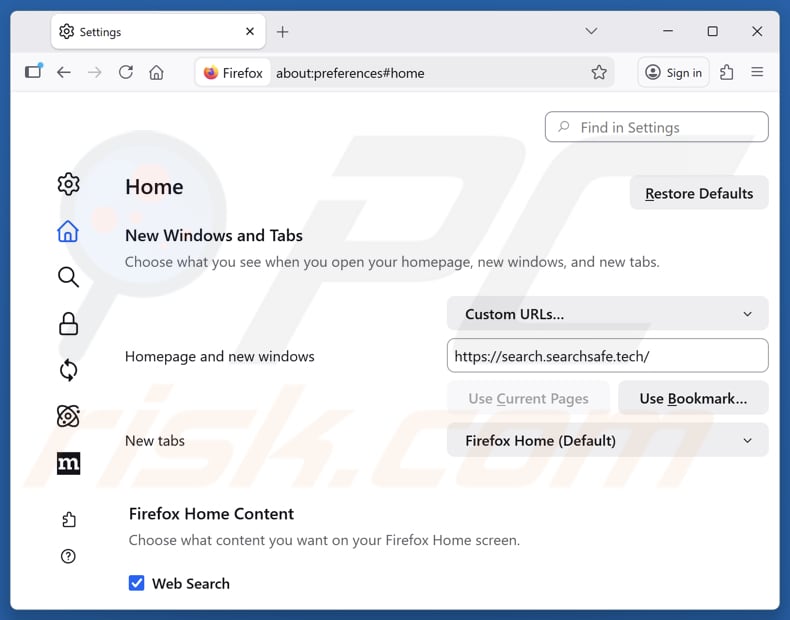 Usuwanie search.searchsafe.tech ze strony głównej Mozilla Firefox