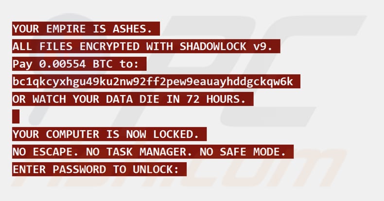 ShadowLock ransomware pełnoekranowa wiadomość z żądaniem okupu