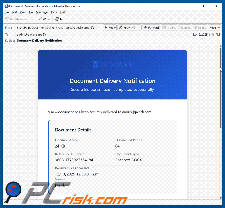 SharePoint Document Delivery Notification wygląd fałszywej wiadomości e-mail (GIF)