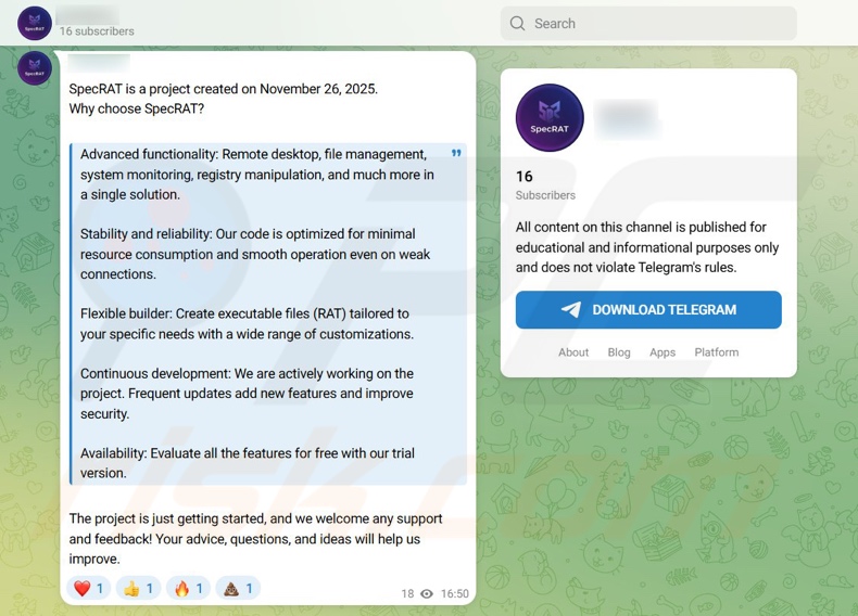 Kanał Telegram promujący złośliwe oprogramowanie SpecRAT