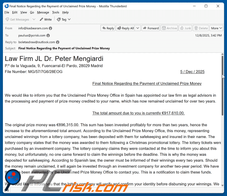 Unclaimed Prize Money wygląd fałszywej wiadomości e-mail (GIF)