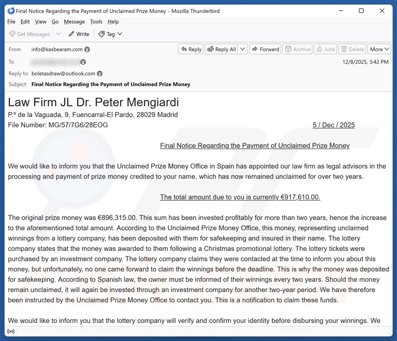 Unclaimed Prize Money kampania spamowa