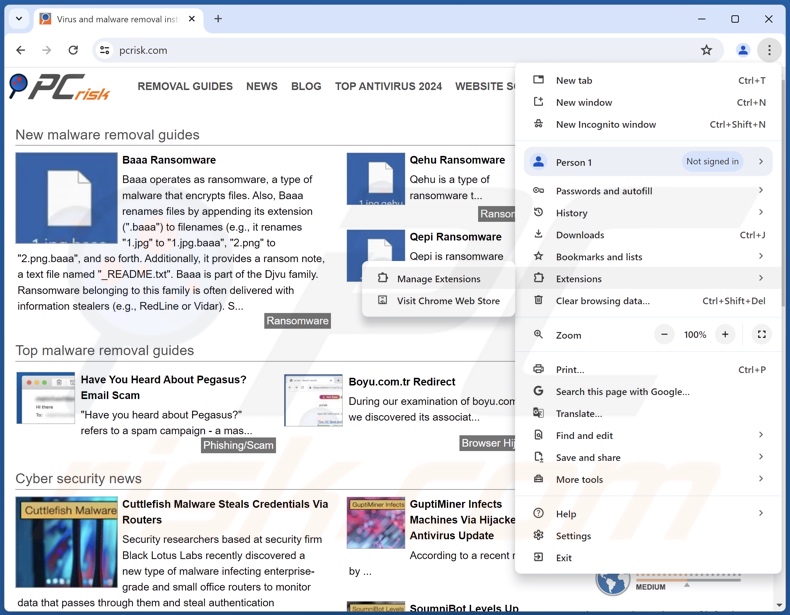 Usuwanie fałszywych rozszerzeń z Google Chrome krok 1