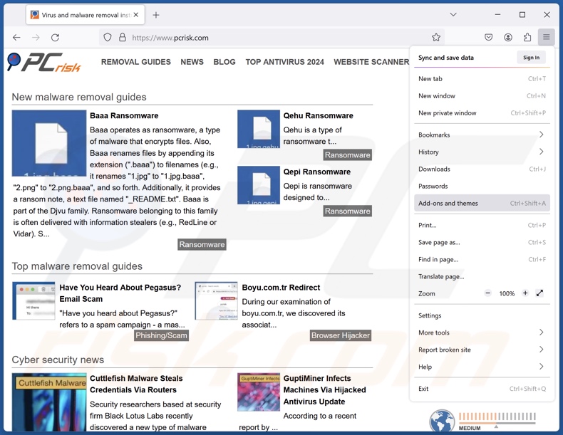 Usuwanie fałszywych rozszerzeń z Mozilla Firefox krok 1