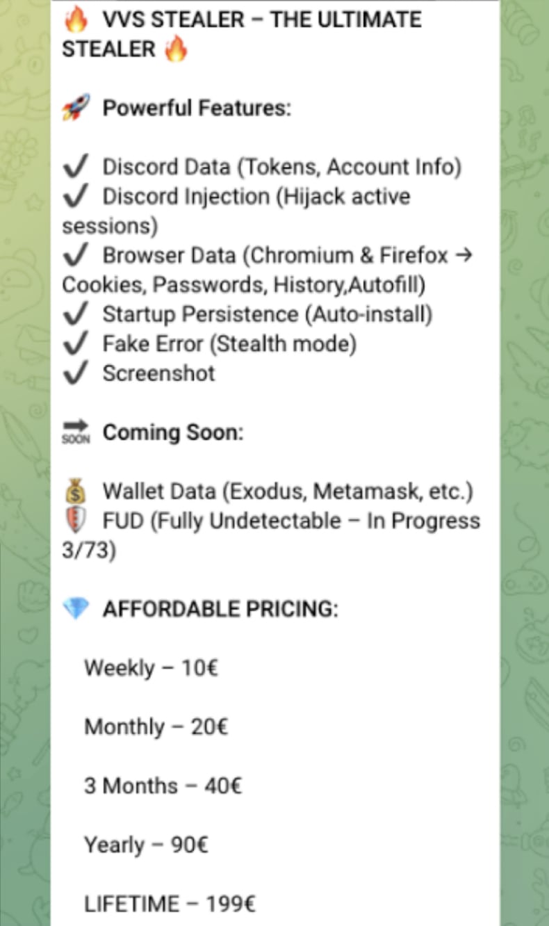 Program VVS Stealer promowany na Telegramie