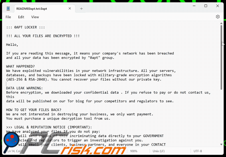 Plik tekstowy ransomware 0apt Locker (README0apt.txt)