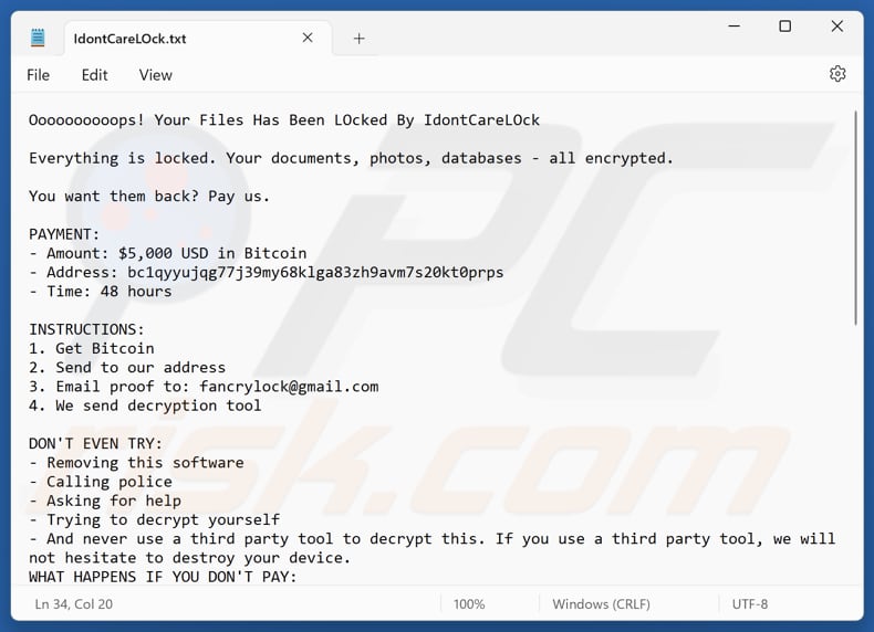 Plik tekstowy ransomware IdontCareLOck (IdontCareLOck.txt)