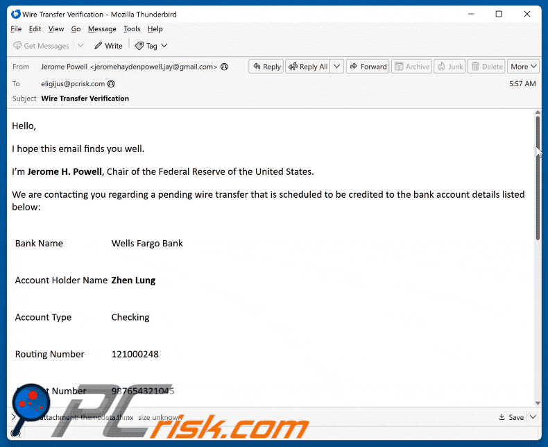 Wells Fargo - Pending Wire Transfer Wygląd oszustwa e-mailowego