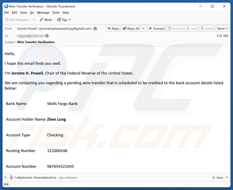 Wells Fargo - Pending Wire Transfer kampania spamowa