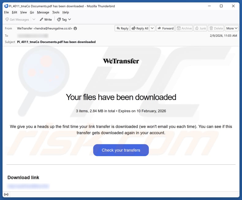 WeTransfer - Your Files Have Been Downloaded kampania spamowa