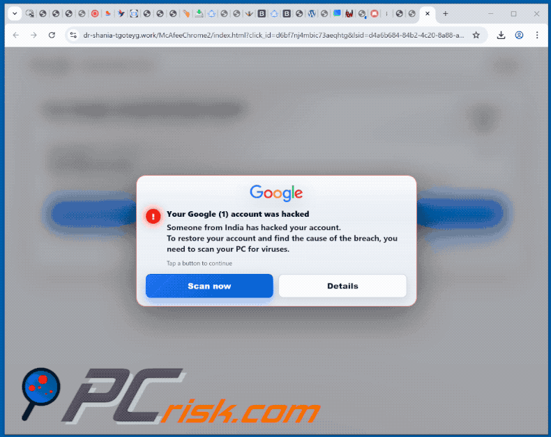 Wygląd Your Google Account Was Hacked oszustwo
