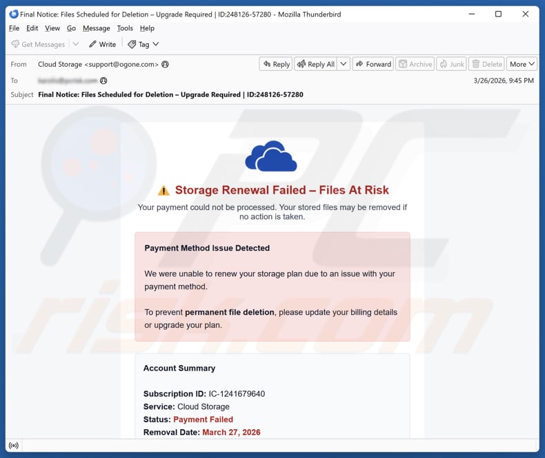 Cloud Storage Renewal Failed kampania spamowa