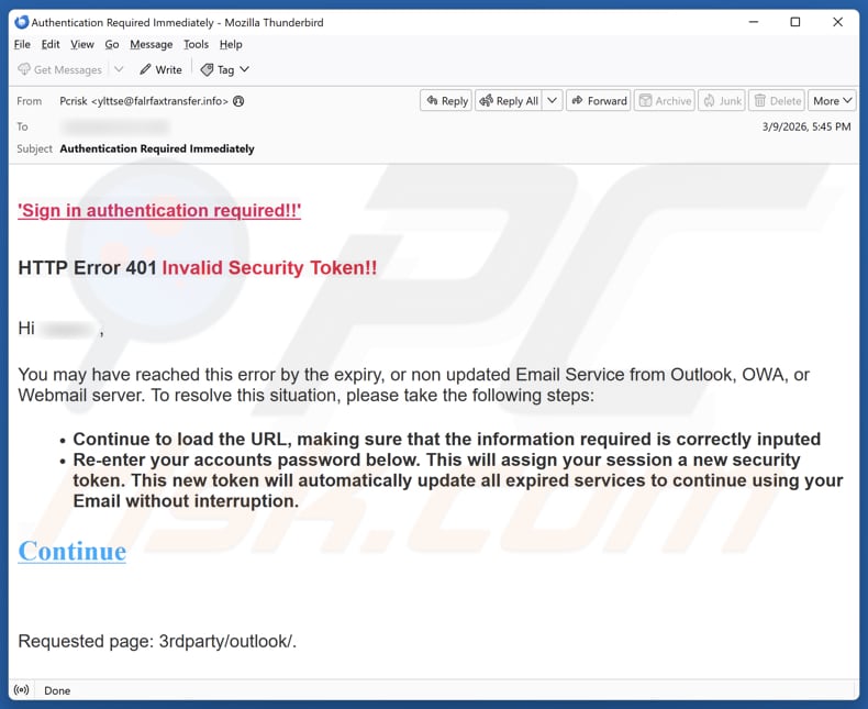 HTTP Error 401 Invalid Security Token kampania spamowa