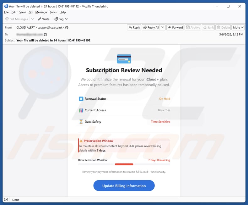 iCloud Subscription Review Needed kampania spamowa