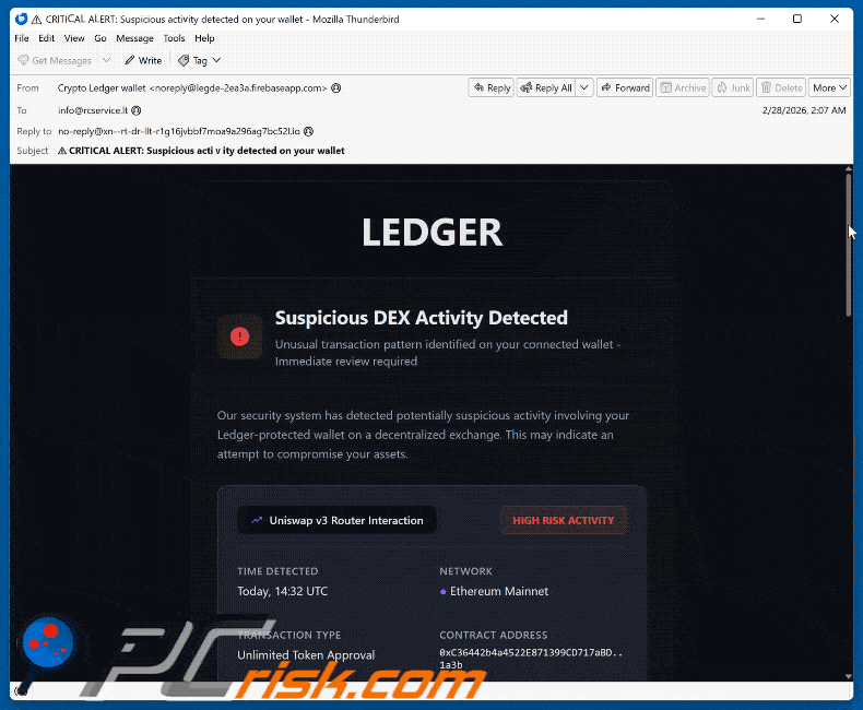 Ledger - Suspicious DEX Activity Detected Jak wygląda oszustwo e-mailowe