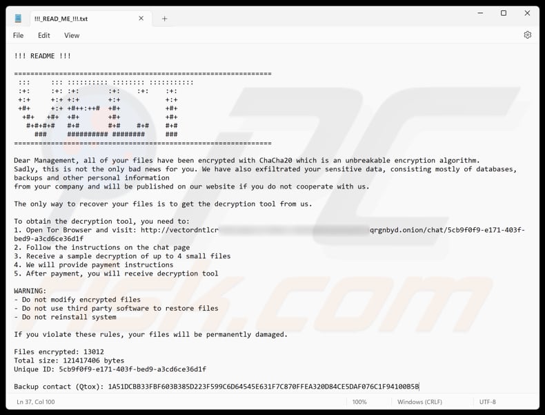 Vect ransomware plik tekstowy (!!!_READ_ME_!!!.txt)