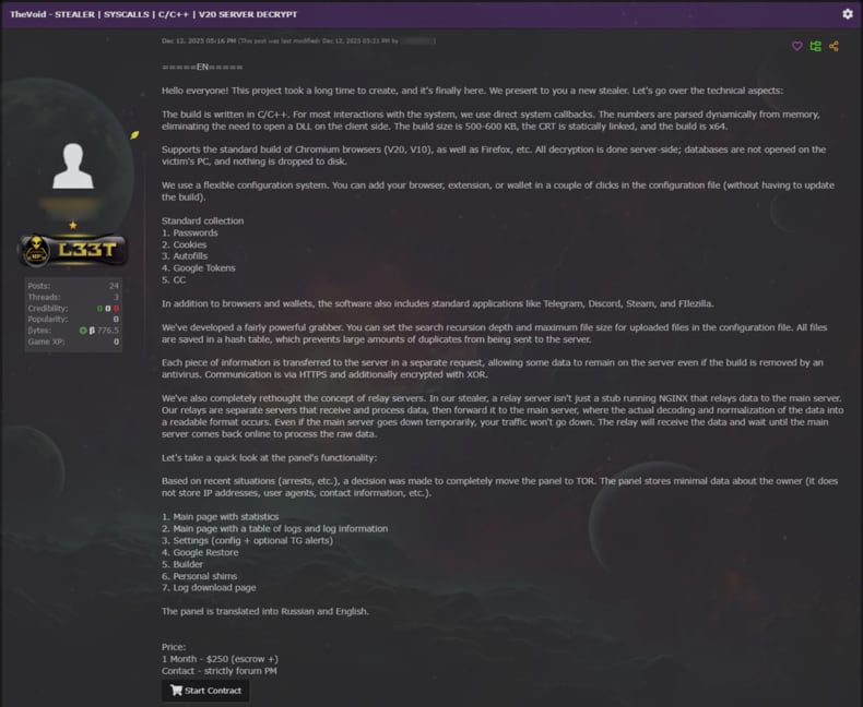 VoidStealer malware forum hakerów