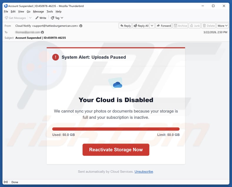 Your Cloud Is Disabled kampania spamowa