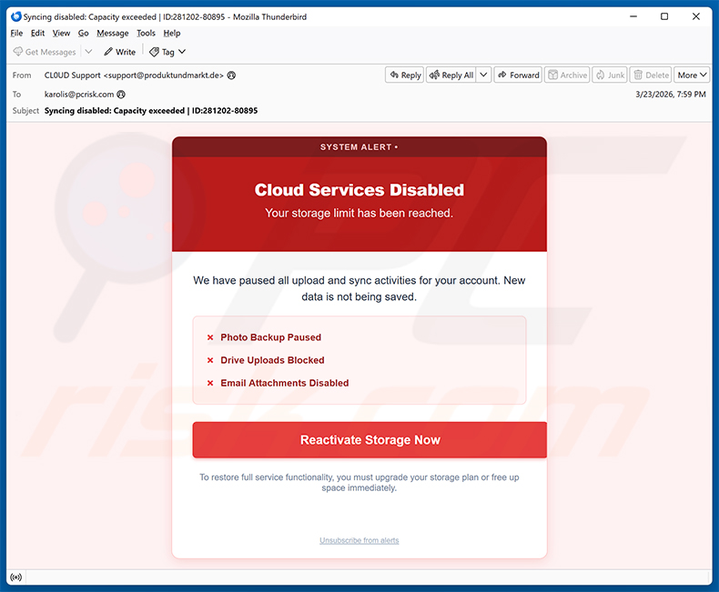 Your Cloud Is Disabled email oszustwo (2026-03-24)