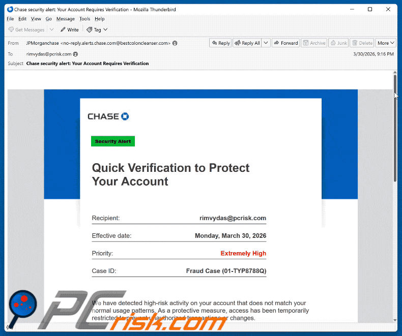 Wygląd oszustwa e-mailowego Chase - Verification To Protect Your Account