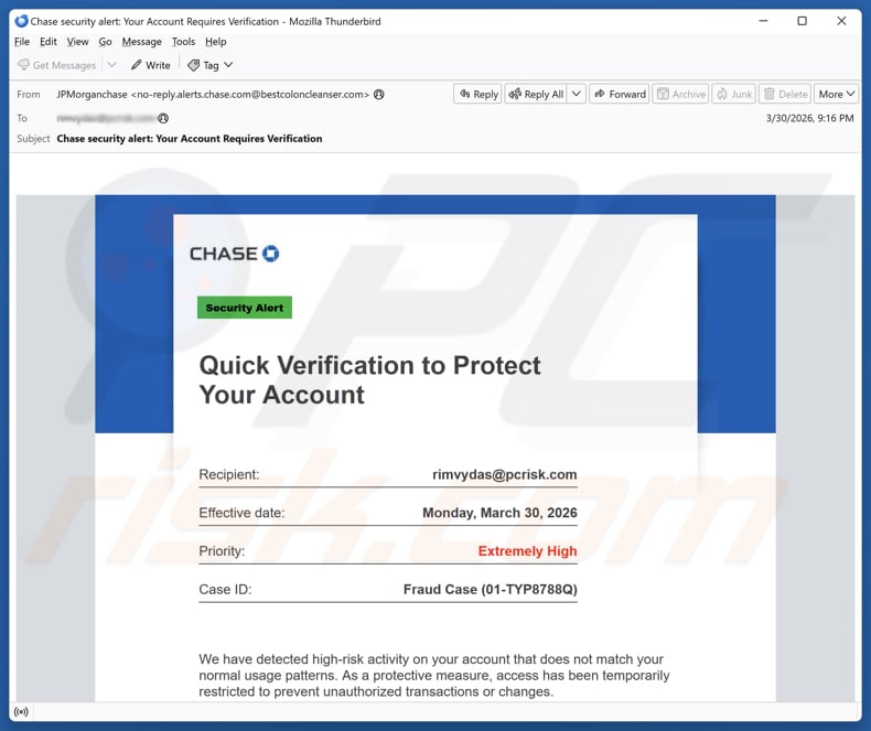 Kampania spamowa Chase - Verification To Protect Your Account oszustwo e-mailowe