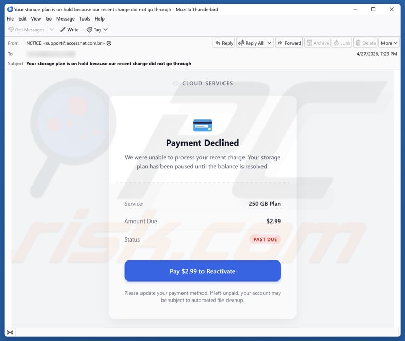Kampania spamowa Cloud Services - Payment Declined