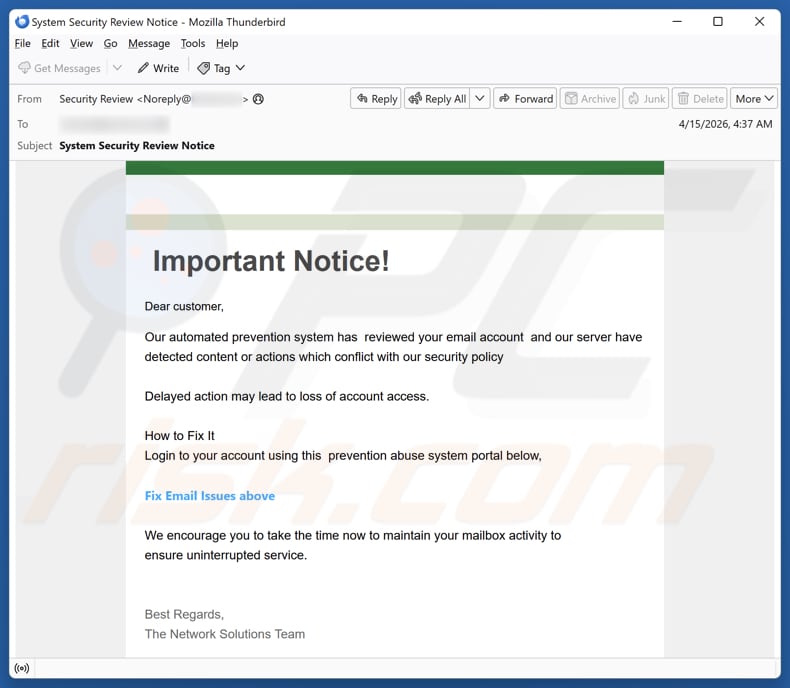 Kampania spamowa Content Or Actions Conflict With Our Security Policy