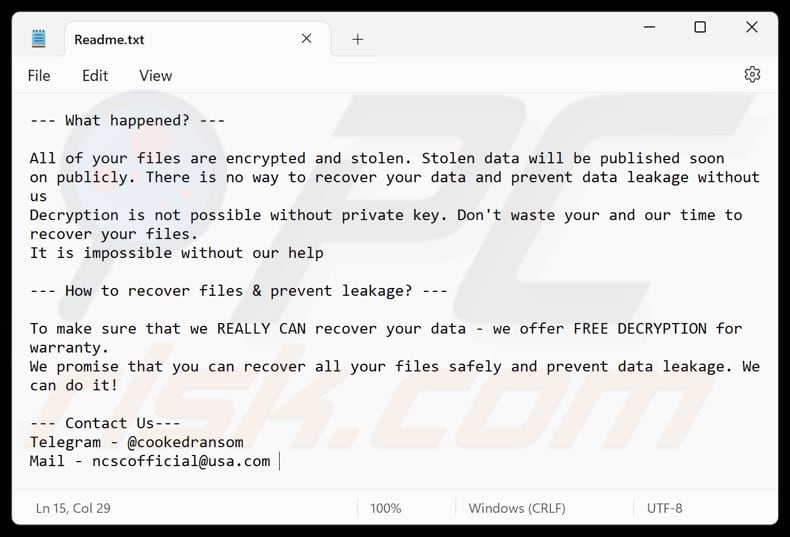 Plik tekstowy ransomware Cooked (Readme.txt)