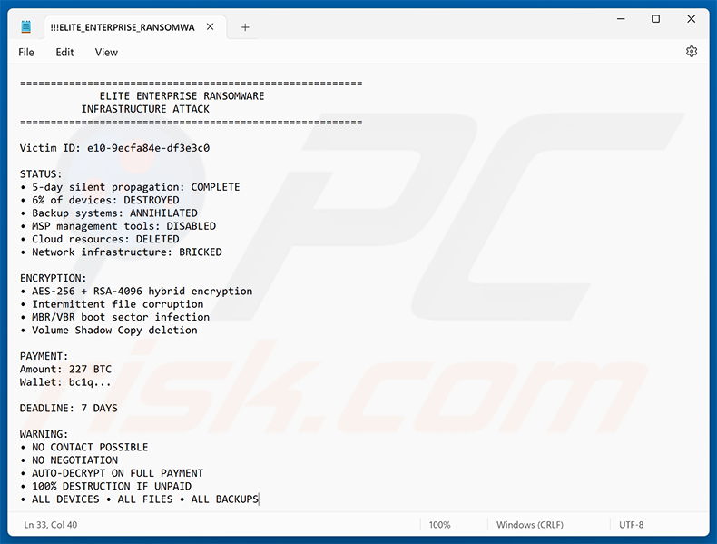 Tekstowa notatka z żądaniem okupu ransomware Elite Enterprise (!!!ELITE_ENTERPRISE_RANSOMWARE!!!.txt)