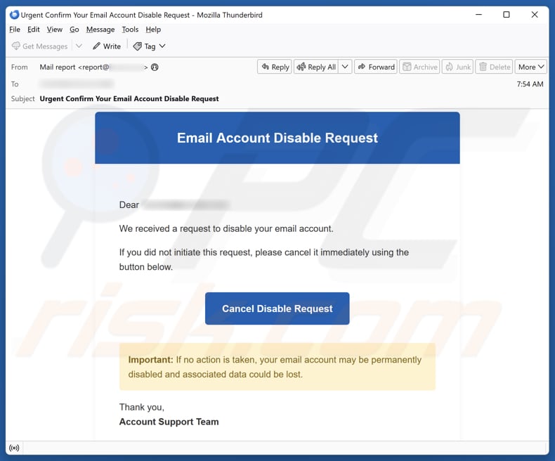 Kampania spamowa Email Account Disable Request