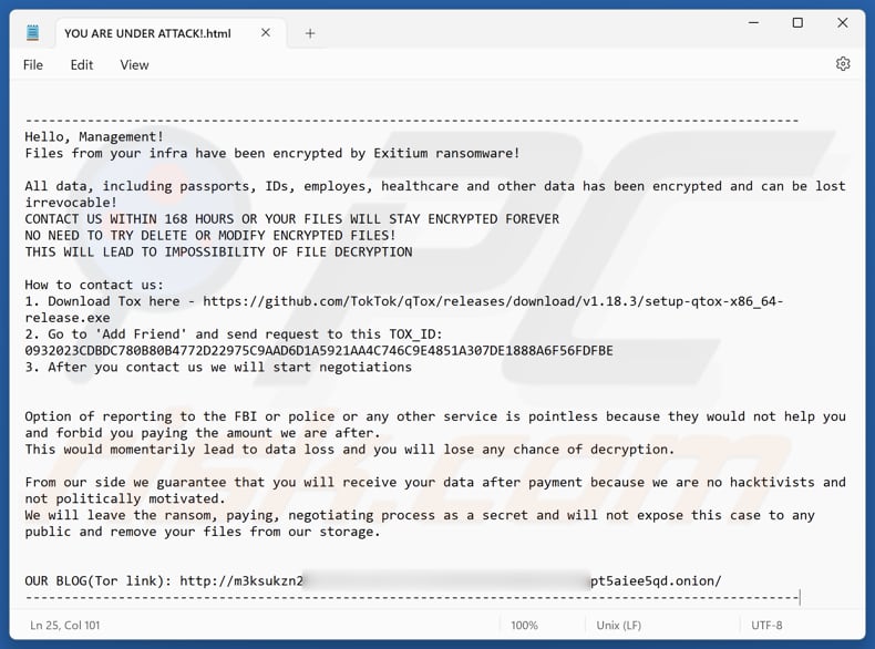 Plik z żądaniem okupu ransomware Exitium (YOU ARE UNDER ATTACK!.html)